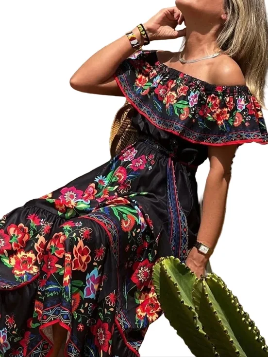 Floral Ruffle Off Shoulder Belted Elastic Waist Retro 70s Tiered Boho Maxi Dress - Picture 3 of 8